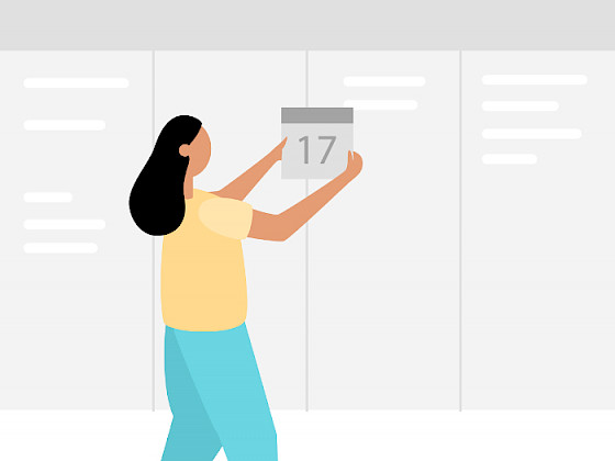 Ilustración de una mujer poniendo una fecha en un calendario virtual.