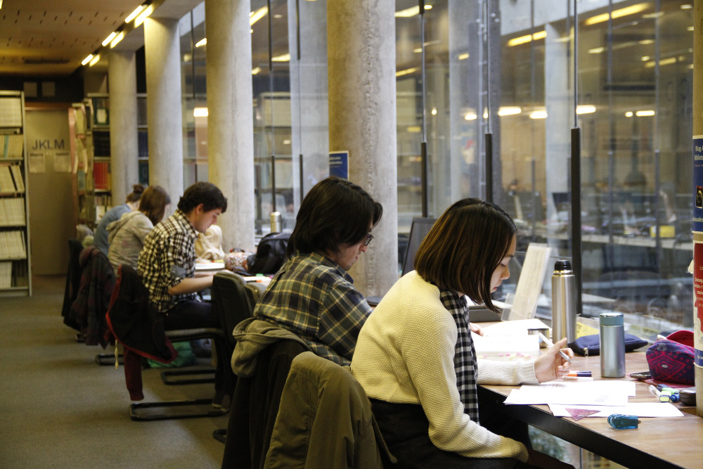 Alumnos y alumnas estudiando en la biblioteca.