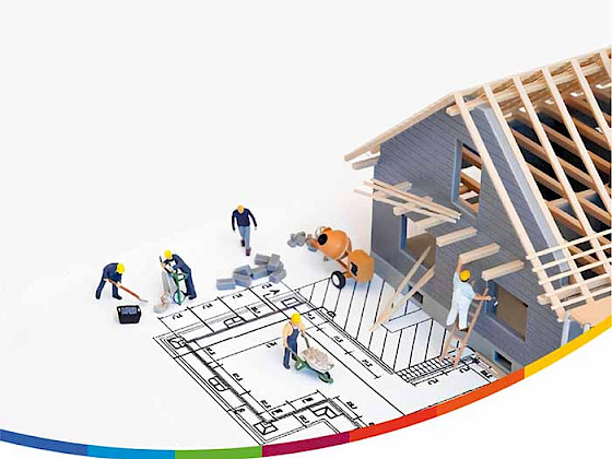 Ilustración que muestra a distintos obreros construyendo el interior de una casa.