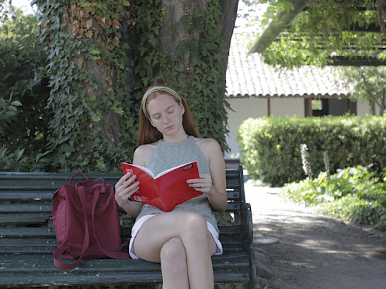Foto de una alumna leyendo en el patio de Lo Contador