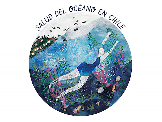Dibujo de una mujer bajo el mar rodeada de peces. Arriba dice Salud del Océano en Chile.