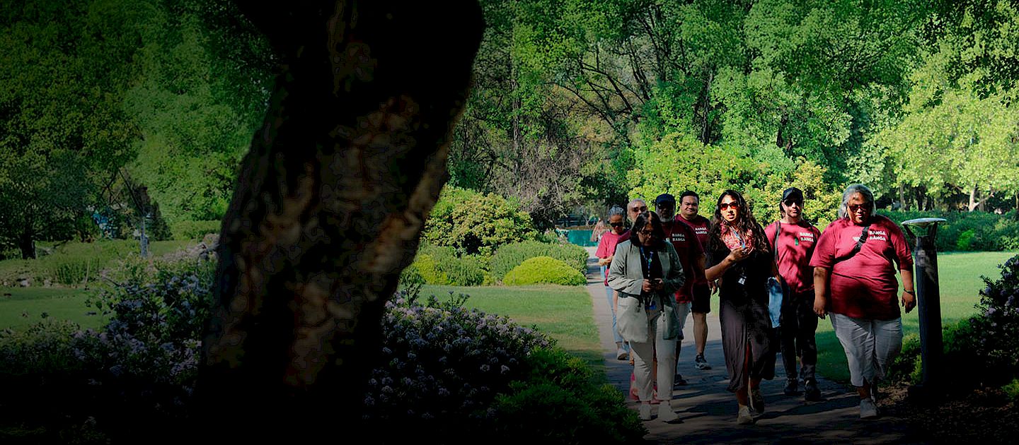 A group of people walking through a lush green park, led by a guide, as part of an intercultural program at UC Chile.