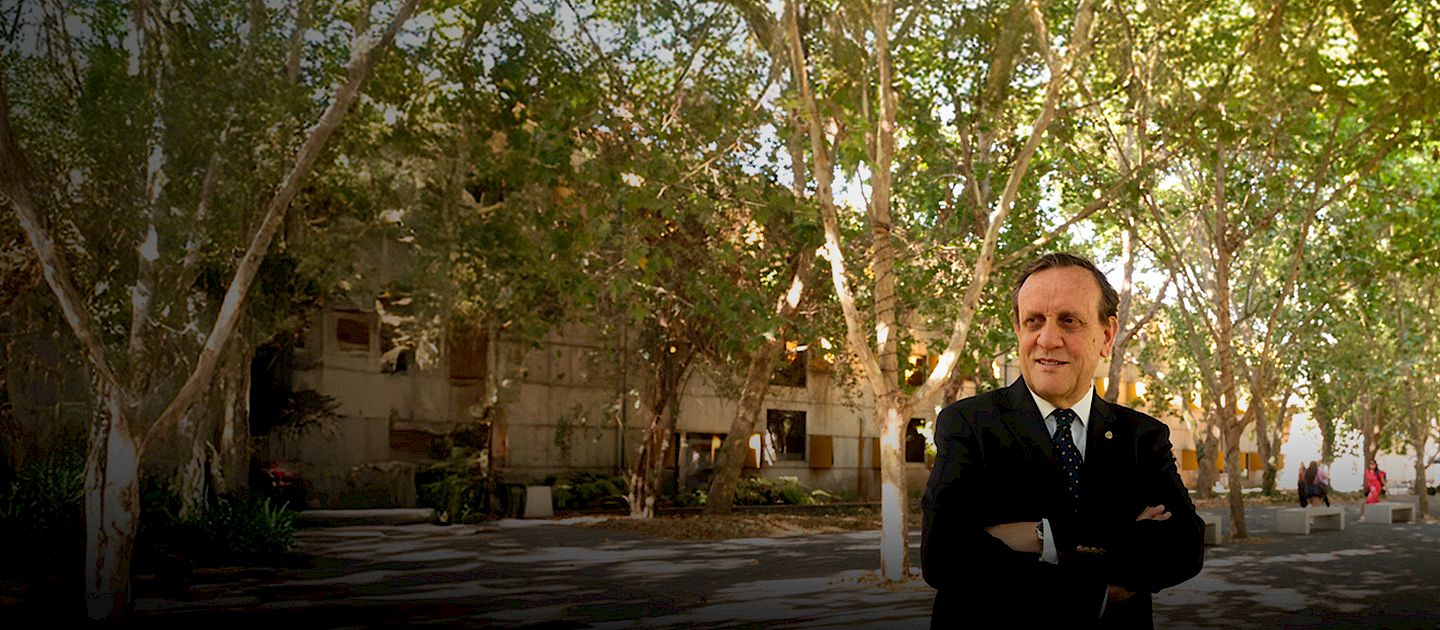 President Ignacio Sánchez stands with arms crossed in an outdoor setting at UC Chile, with a tree-lined walkway in the background.