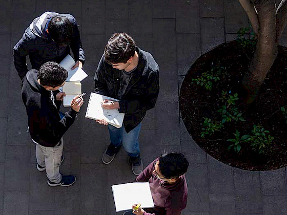 hombres jóvenes leyendo de pie en un patio