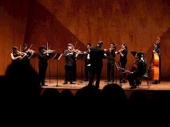 Orquesta tocando en un escenario con siluetas de público