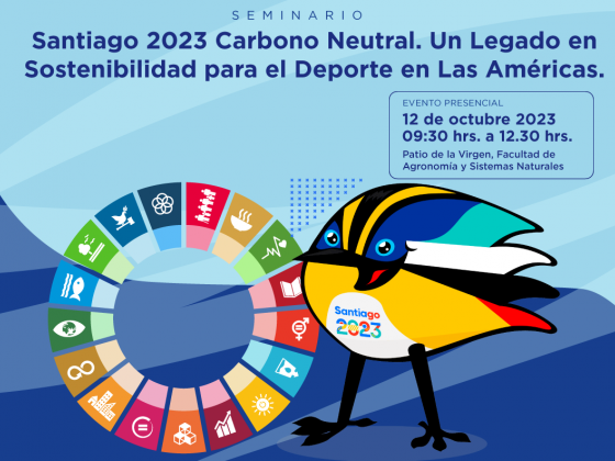 Afiche con letras y mascota de Santiago 2023