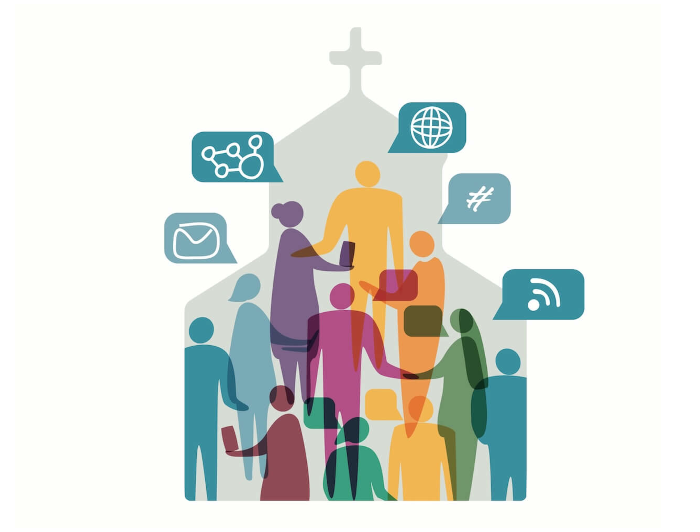 ilustración de una Iglesia con personas conversando