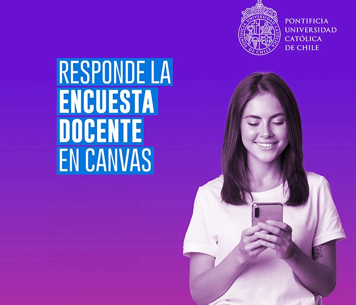 Gráfica Encuesta Docente en que aparece una joven sosteniendo un celular con fondo lila.