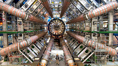 View of the ATLAS detector at CERN Large Hadron Collider (LHC), showcasing intricate engineering and scale.