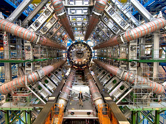 View of the ATLAS detector at CERN Large Hadron Collider (LHC), showcasing intricate engineering and scale.