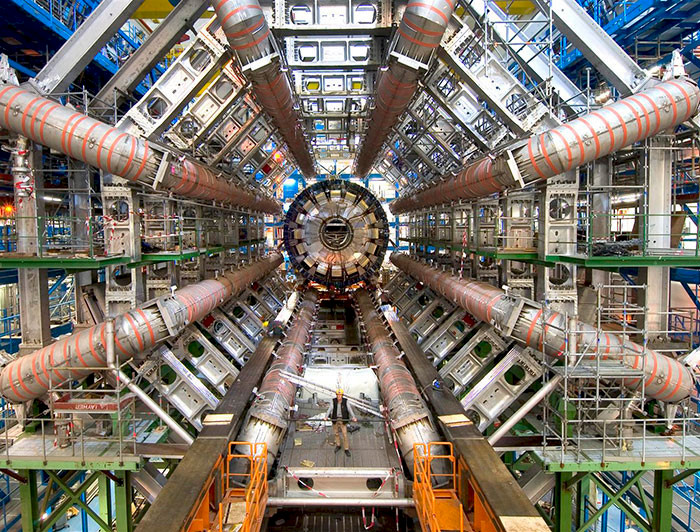 View of the ATLAS detector at CERN Large Hadron Collider (LHC), showcasing intricate engineering and scale.