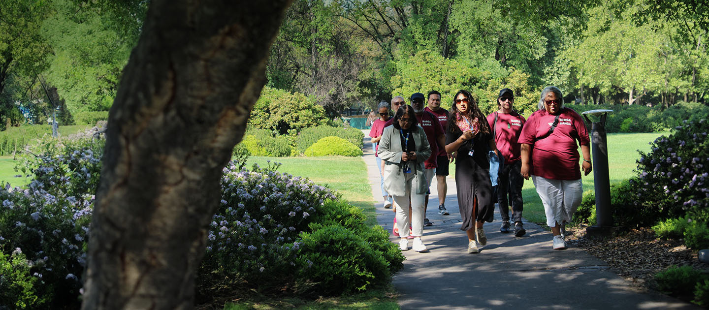 A group of people walking through a lush green park, led by a guide, as part of an intercultural program at UC Chile.